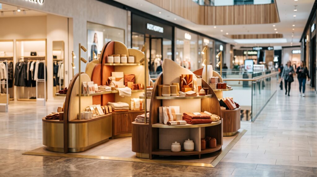 Exhibidor curvo de madera y acabados dorados con productos de temporada en un centro comercial, ejemplo de activación de punto de venta para retail