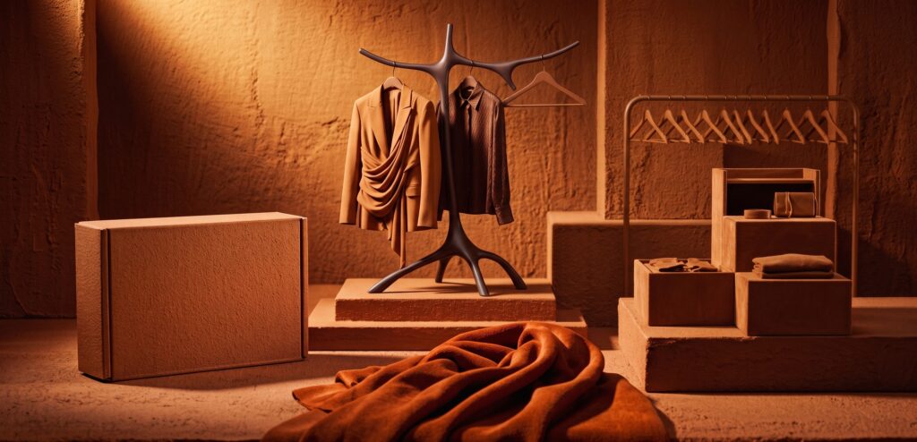 Still life conceptual en tonos piel con objetos de moda (prenda drapeada, empaque) representando un universo de marca coherente