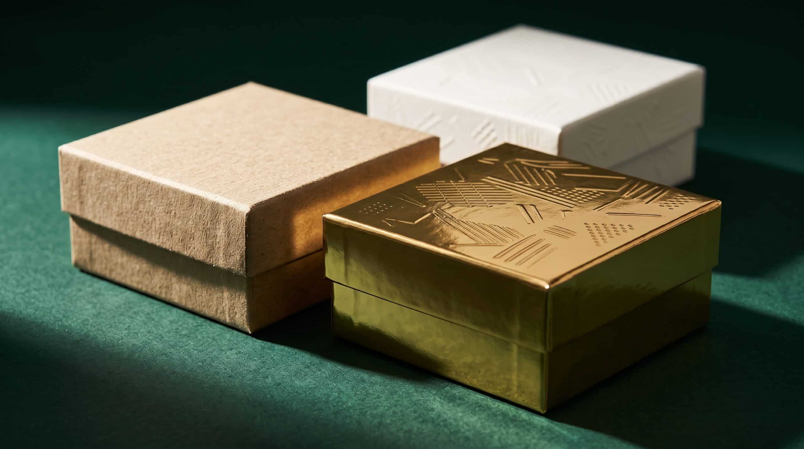 Tres cajas de empaque con distintos acabados (cartón kraft natural, metálico y relieve texturizado) sobre fondo oscuro, representando las decisiones de material en el diseño de packaging