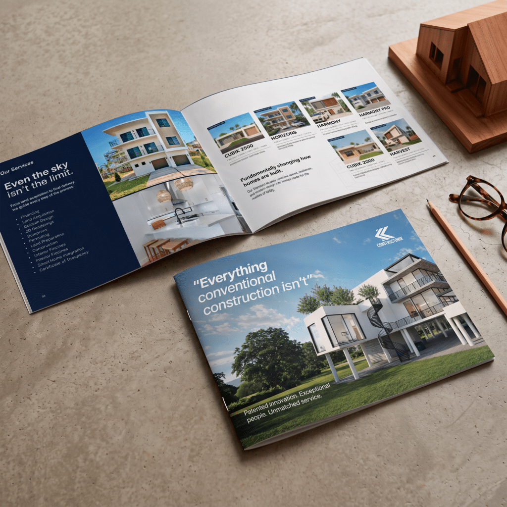 Brochure Constructonik: portada Everything conventional construction isn't junto al brochure abierto en servicios, con una maqueta de casa en madera