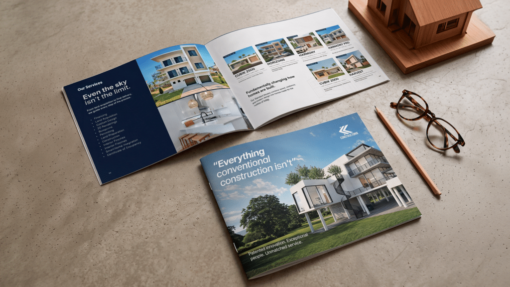 Brochure Constructonik: brochure abierto en la página de servicios y portada sobre una superficie de concreto con planos y lápiz