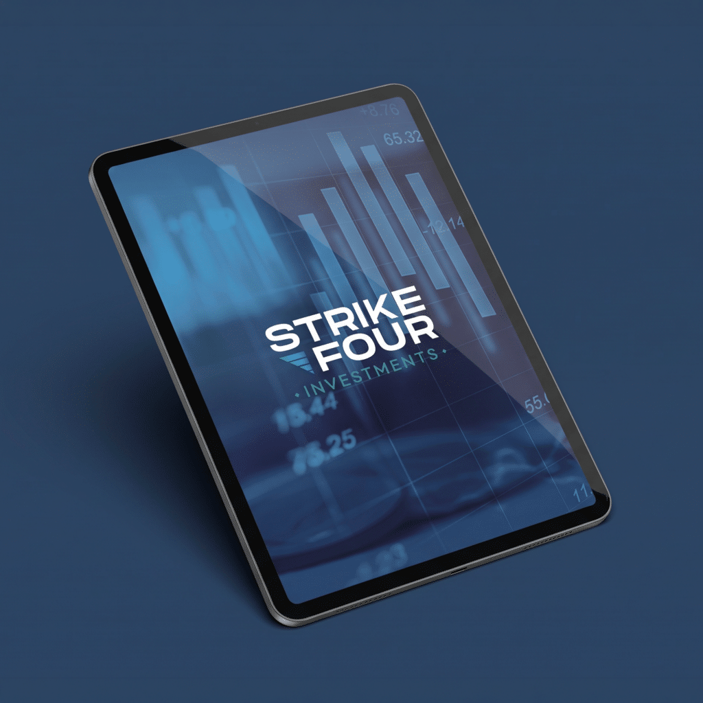 Presentación corporativa Strike Four: tableta con la portada de Strike Four Investments sobre fondo azul