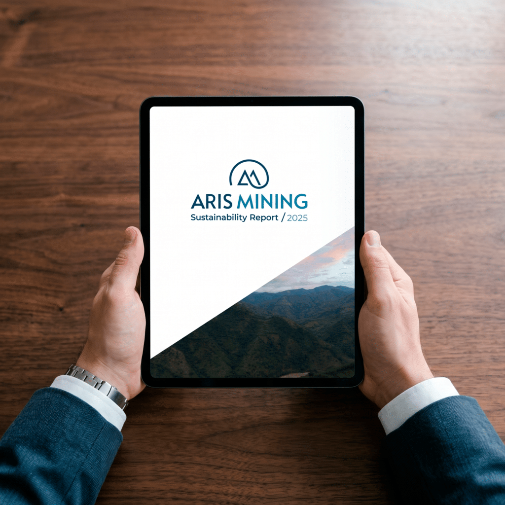 Informe de sostenibilidad Aris Mining: manos sosteniendo una tableta con la portada del Sustainability Report 2025