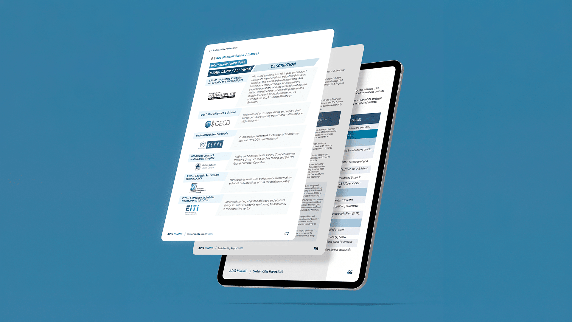 Informe de sostenibilidad Aris Mining: páginas del Sustainability Report 2025 flotando sobre una tableta en fondo azul
